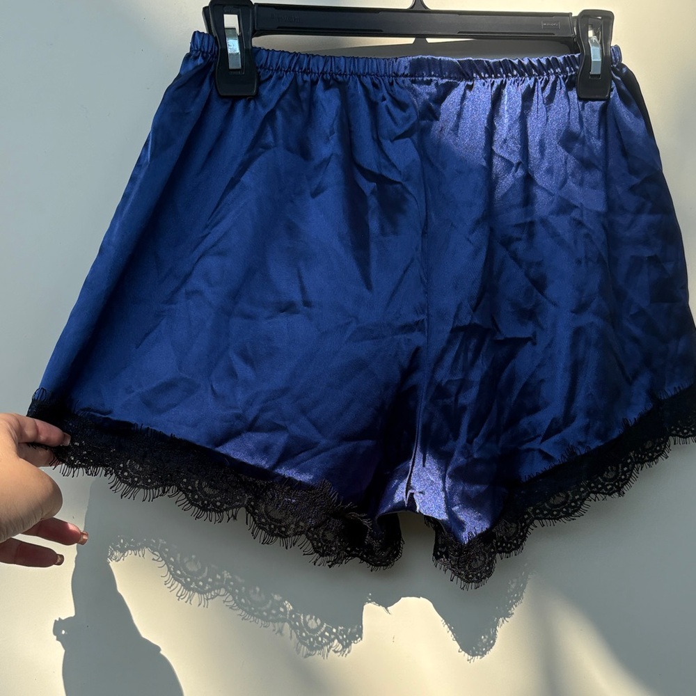 Silk-Look Navy Lace Trim Sleep Shorts - Picture 3 of 3